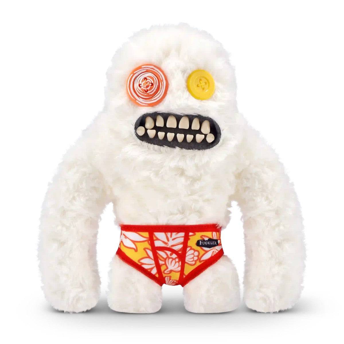 FUGGLER Soft Plush Toy in white fur with mismatched button eyes and red floral shorts. A funny and freaky plush for collectors.