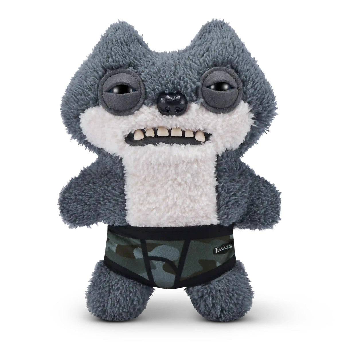 FUGGLER Soft Plush Toy resembling a gray wolf with camo shorts and creepy smile. A wild and weird plush for collectors.