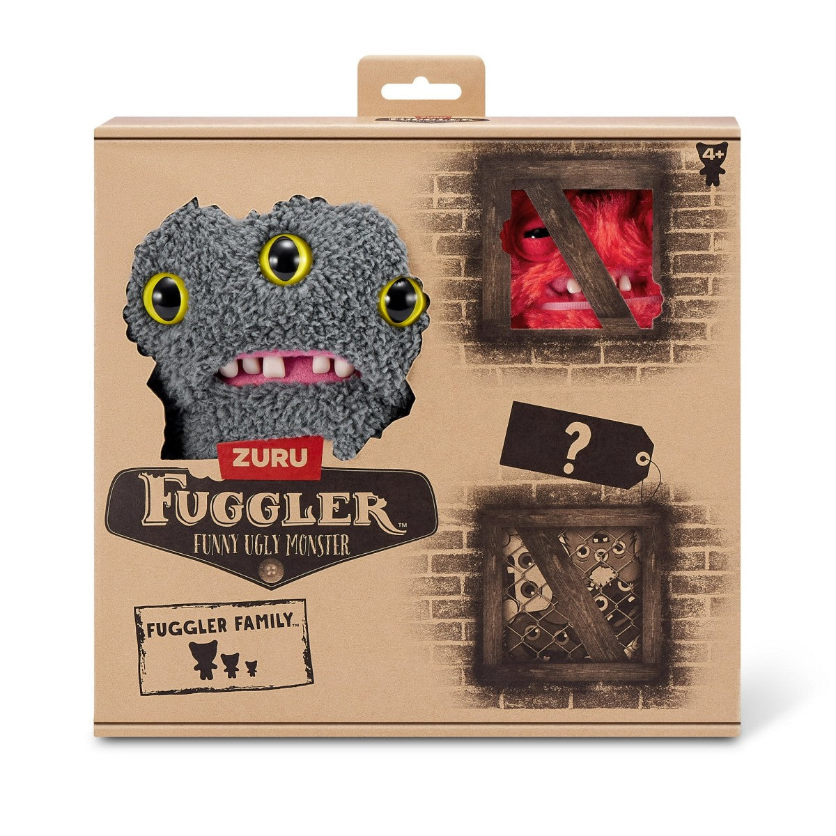 FUGGLER Soft Plush Toy in gray with three yellow eyes and red mystery figure in box. A collectible plush set for monster toy fans.