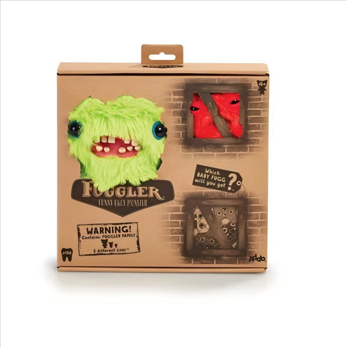 FUGGLER Soft Plush Toy in green fur with red companion in mystery box packaging. A collectible plush toy set for surprise lovers.