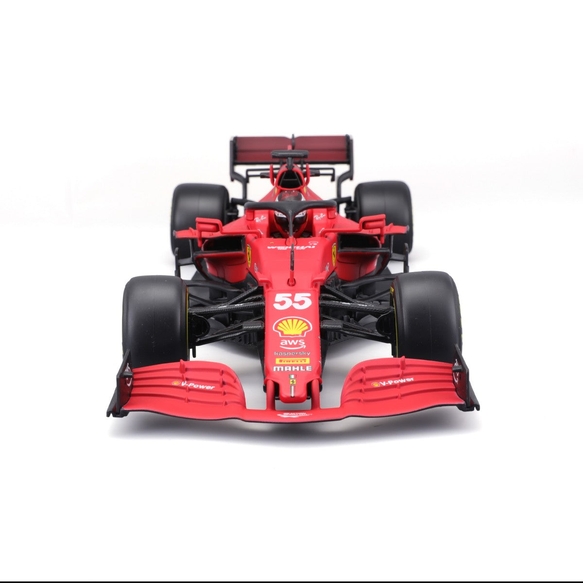 Front view of the Bburago 1:18 Ferrari F1 Car Model 2021 SF21, showcasing its aerodynamic design and detailed sponsor logos.