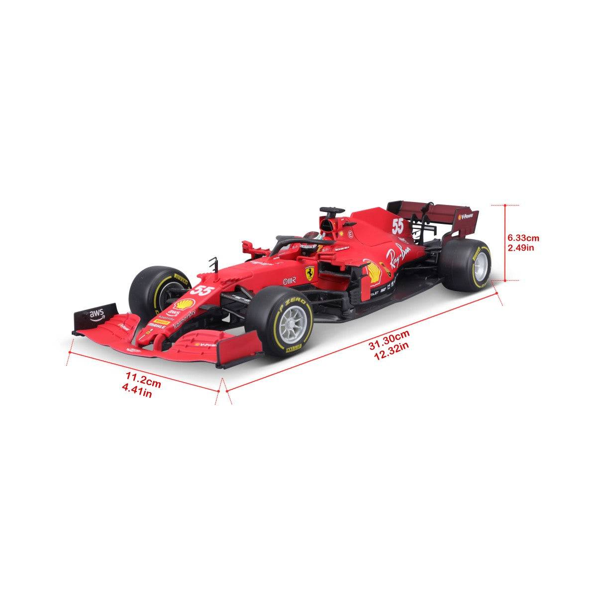 Bburago 1:18 Ferrari F1 Car Model 2021 SF21 with dimensions labeled, indicating its scale and size for collectors.