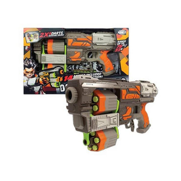 FJ9008 Soft Foam Dart Blaster Toy Gun with 14 bullets, featuring a dual ammo system, displayed alongside its packaging for an exciting shooting experience.