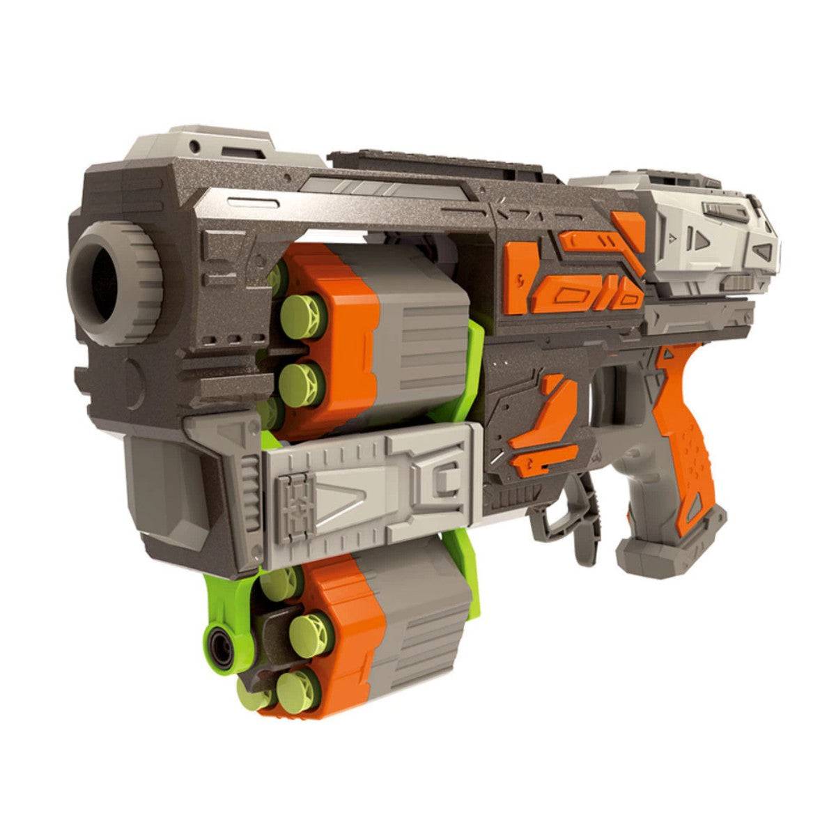 FJ9008 Soft Foam Dart Blaster Toy Gun with dual rotating ammo barrels, orange and gray design, and ergonomic grip for action-packed play.