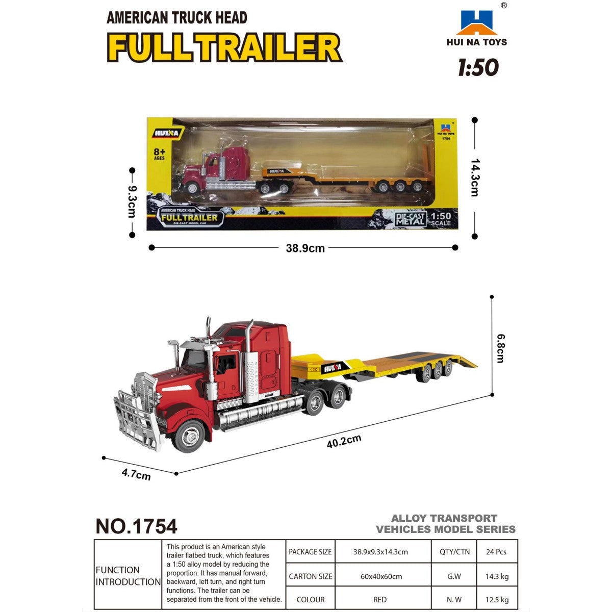 Huina 1754 1:50 Alloy American Flatbed Truck Static Model in retail packaging with dimensions, ideal for collectors and toy truck enthusiasts.