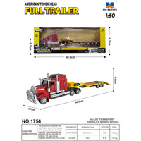 Huina 1754 1:50 Alloy American Flatbed Truck Static Model in retail packaging with dimensions, ideal for collectors and toy truck enthusiasts.