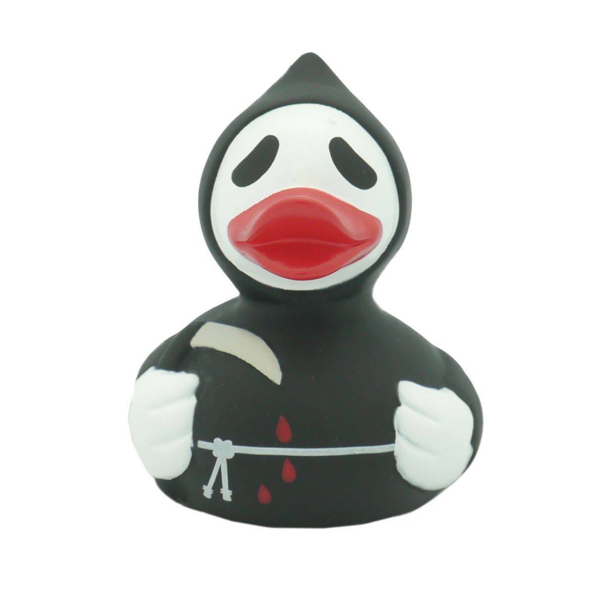 Lilalu Rubber Duck in a grim reaper costume with a black hood and scythe. A spooky bath toy from the Lilalu Rubber Ducks Baby Bath Toys Blind Box.