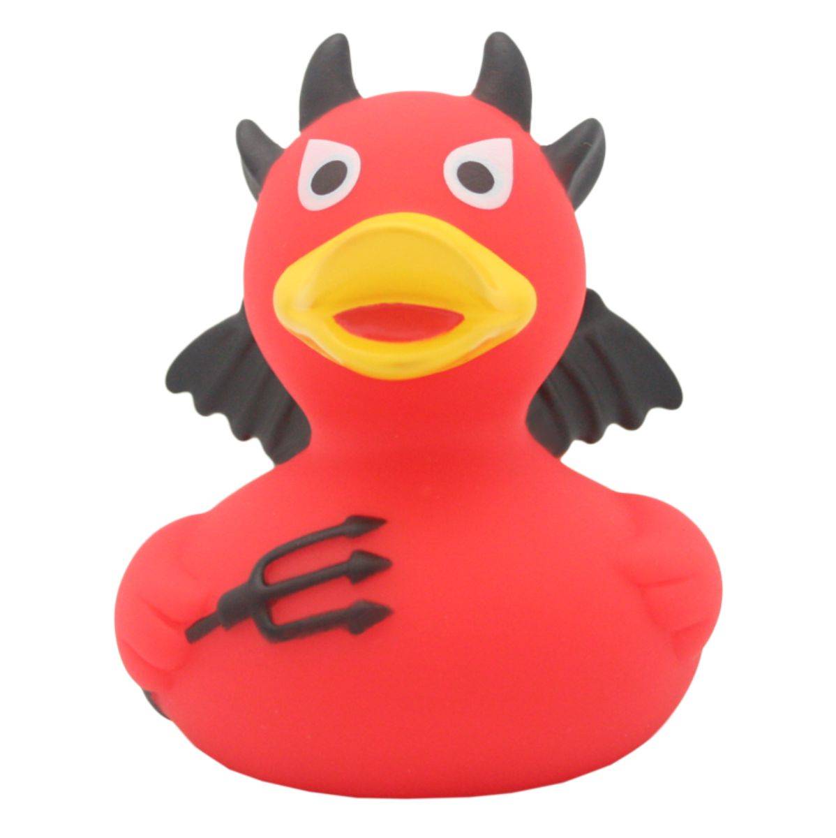 Lilalu Rubber Duck in a devil costume with red body, black wings, and a trident. A playful bath toy from the Lilalu Rubber Ducks Baby Bath Toys Blind Box.