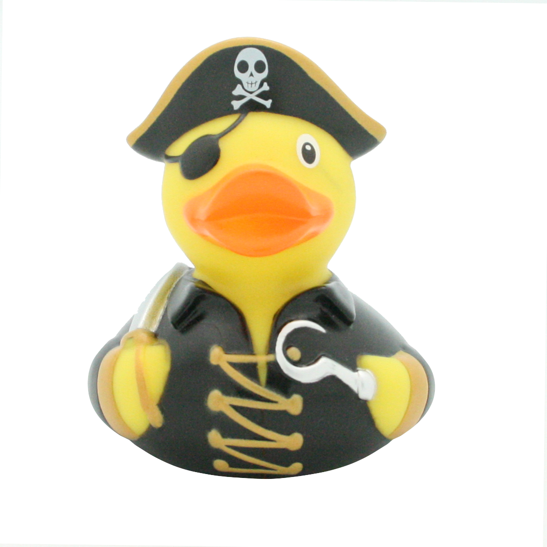 Lilalu Rubber Duck dressed as a pirate with a black hat, eye patch, and hook hand. Fun baby bath toy from the Lilalu Rubber Ducks Blind Box collection.