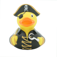 Lilalu Rubber Duck dressed as a pirate with a black hat, eye patch, and hook hand. Fun baby bath toy from the Lilalu Rubber Ducks Blind Box collection.