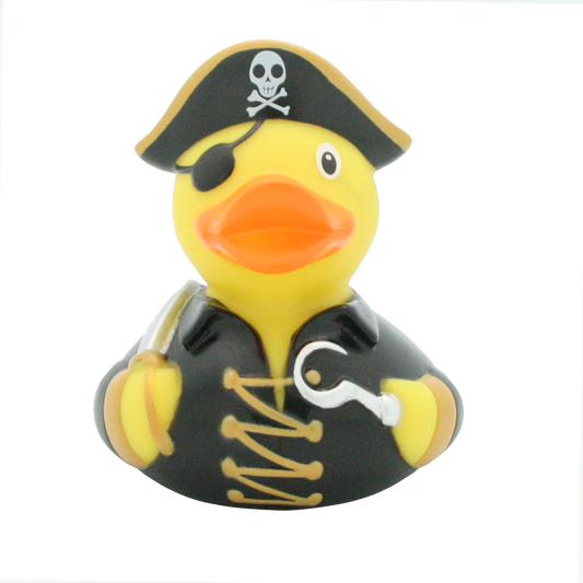 Lilalu Rubber Duck dressed as a pirate with a black hat, eye patch, and hook hand. Fun baby bath toy from the Lilalu Rubber Ducks Blind Box collection.