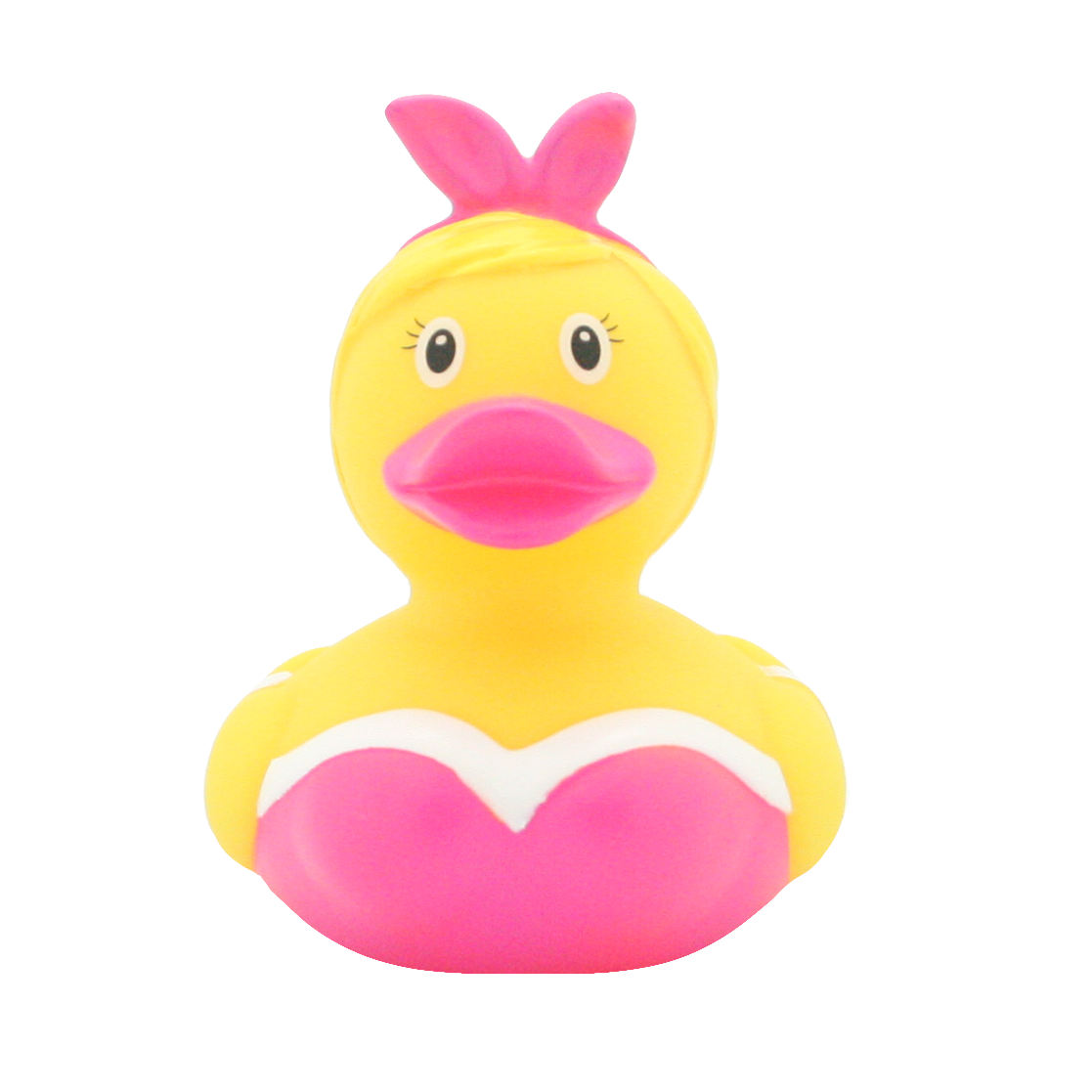 Lilalu Rubber Duck in a pink swimsuit with a bow on its head. A stylish bath toy from the Lilalu Rubber Ducks Baby Bath Toys Blind Box collection.