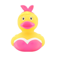 Lilalu Rubber Duck in a pink swimsuit with a bow on its head. A stylish bath toy from the Lilalu Rubber Ducks Baby Bath Toys Blind Box collection.