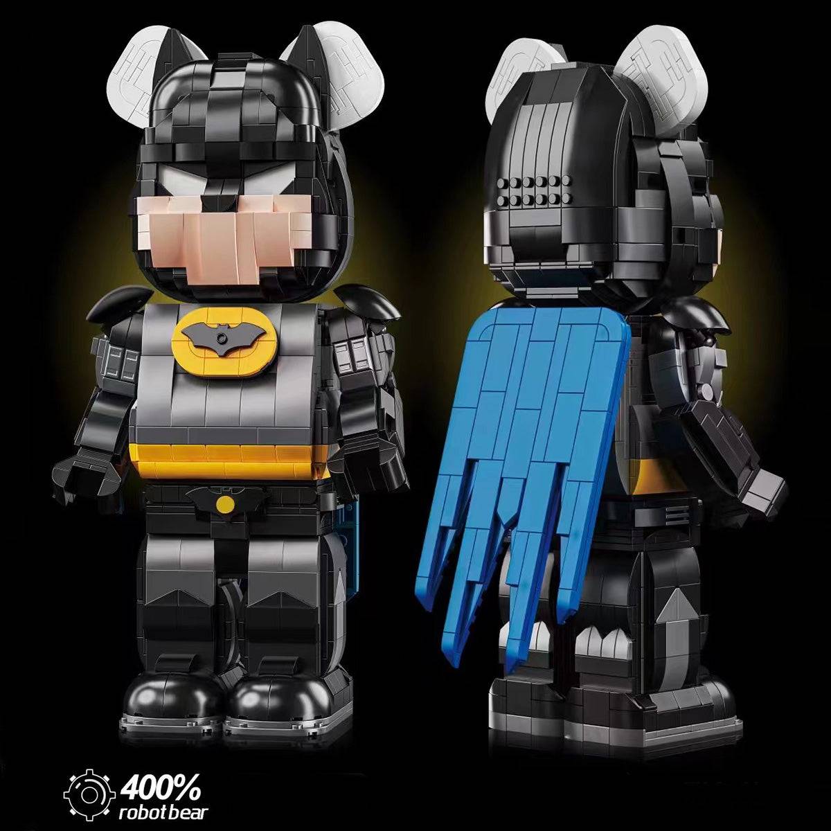 Black Wangao Robot Bear Brick styled like a superhero with a cape and bat emblem, perfect for fans of themed building block toys.