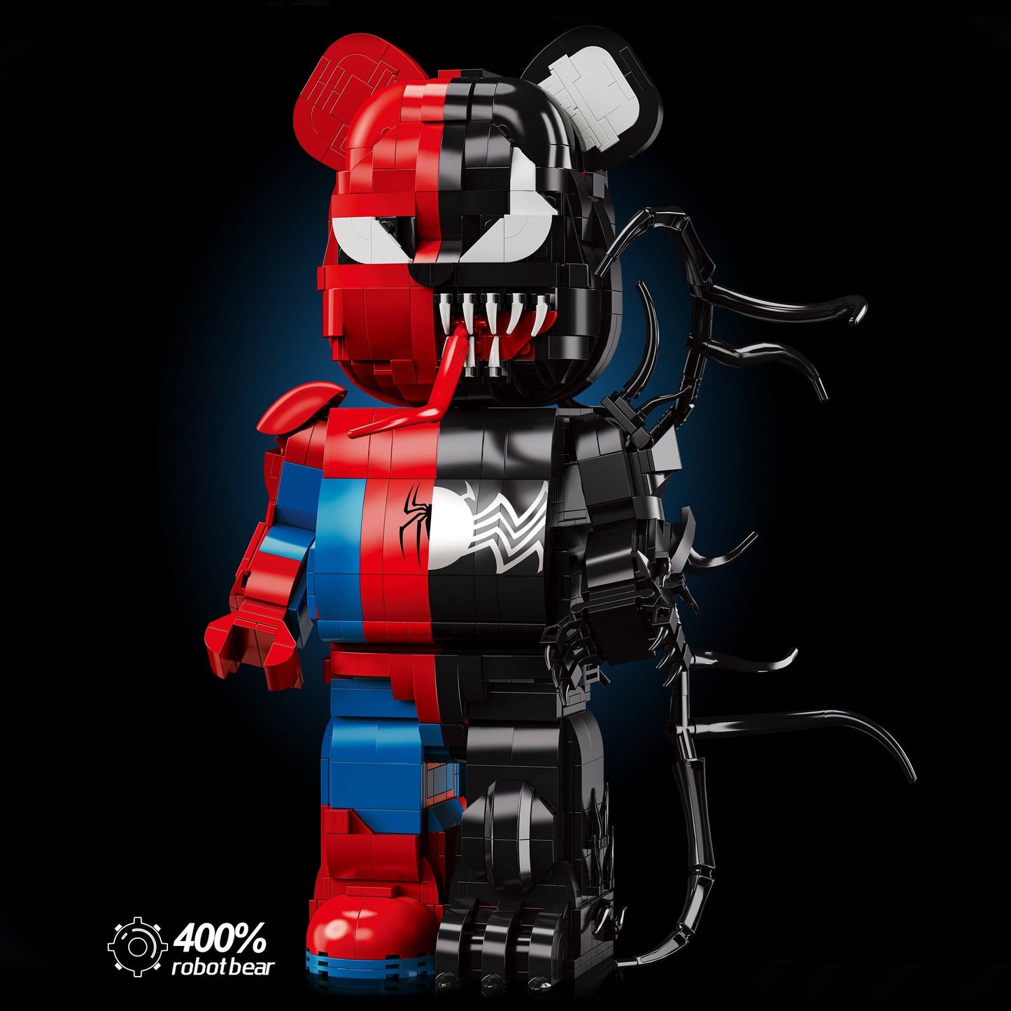 Split-colored Wangao Robot Bear Brick in red and black with spider and venom design, showcasing detailed construction block creativity.