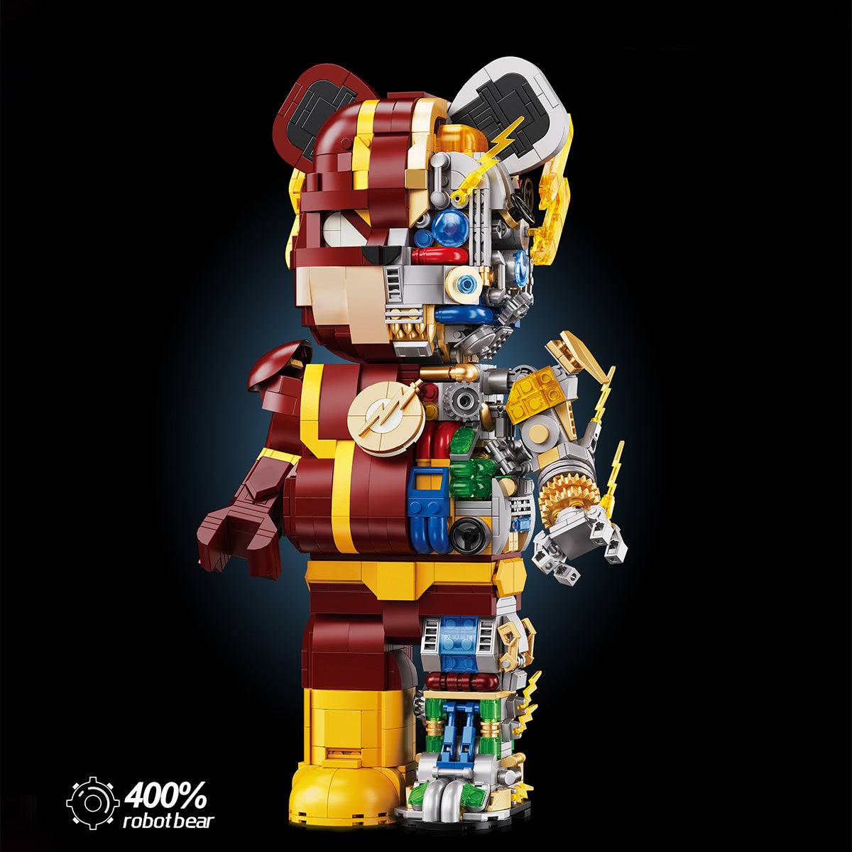Wangao Robot Bear Brick in red and yellow with lightning bolt chest emblem and robotic internals, great for superhero building toy fans.