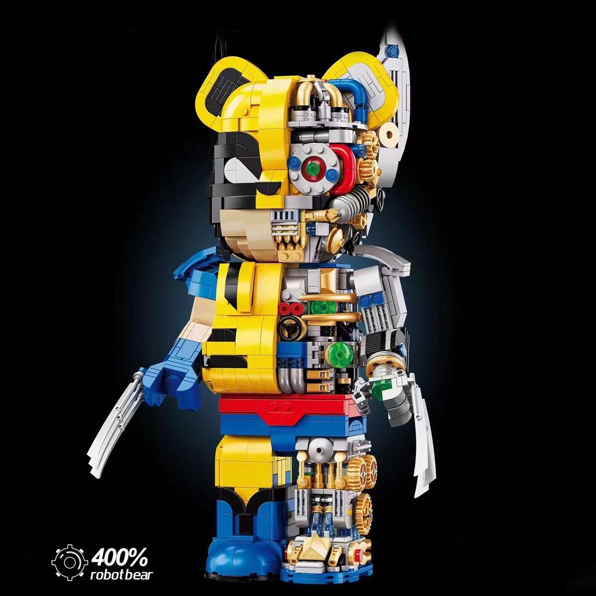 Wangao Robot Bear Brick in yellow and blue with clawed hands and exposed gears, a dynamic construction toy for robot and comic lovers.