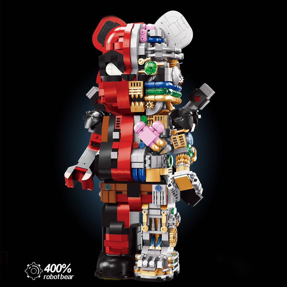 Red and black Wangao Robot Bear Brick with heart-shaped core and mechanical limbs, a detailed collectible for building block enthusiasts.