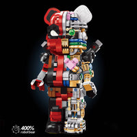 Red and black Wangao Robot Bear Brick with heart-shaped core and mechanical limbs, a detailed collectible for building block enthusiasts.