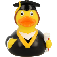 Lilalu Rubber Duck dressed as a graduate with a cap, gown, and diploma. A perfect bath toy from the Lilalu Rubber Ducks Baby Bath Toys Blind Box.