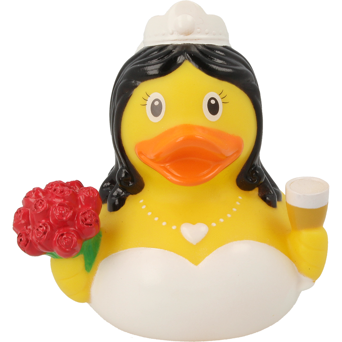 Lilalu Rubber Duck in a wedding dress holding a bouquet and a champagne glass. A charming bath toy from the Lilalu Rubber Ducks Baby Bath Toys Blind Box.