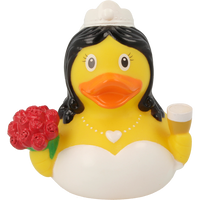 Lilalu Rubber Duck in a wedding dress holding a bouquet and a champagne glass. A charming bath toy from the Lilalu Rubber Ducks Baby Bath Toys Blind Box.