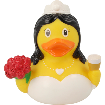 Lilalu Rubber Duck in a wedding dress holding a bouquet and a champagne glass. A charming bath toy from the Lilalu Rubber Ducks Baby Bath Toys Blind Box.