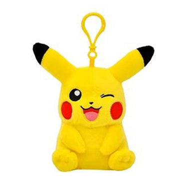 Winking Pokemon Plush Pikachu Keychain 13cm with a yellow clip. A cute and soft collectible keychain for Pokémon lovers.