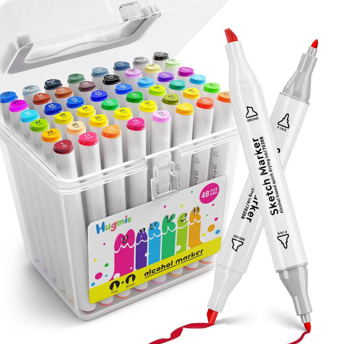 HugmieToys Double Tipped Permanent Marker Pens set with 48 vibrant colors in a transparent storage case. Ideal for sketching, drawing, and coloring.