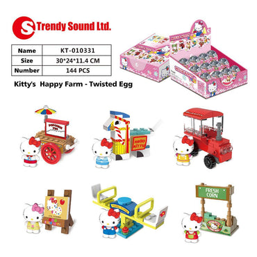 Hello Kitty Happy Small Farm Capsule Toys blind box set by Trendy Sound Ltd., showcasing six collectible farm-themed building toys with Hello Kitty figures.