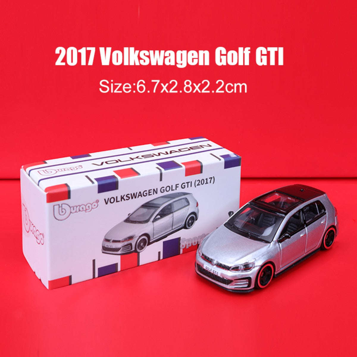 Bburago 1:64 Volkswagen Golf GTI (2017) alloy model car in silver with realistic packaging. A great collectible for car enthusiasts.