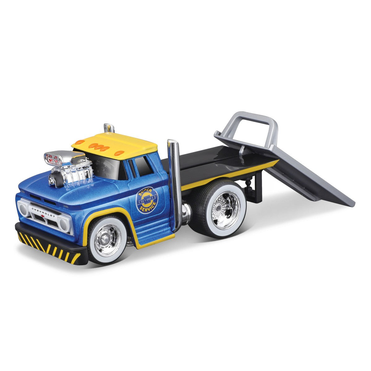 Maisto Muscle Machines Transports 1:64 diecast flatbed truck in blue with yellow accents. Chrome wheels and detailed design.