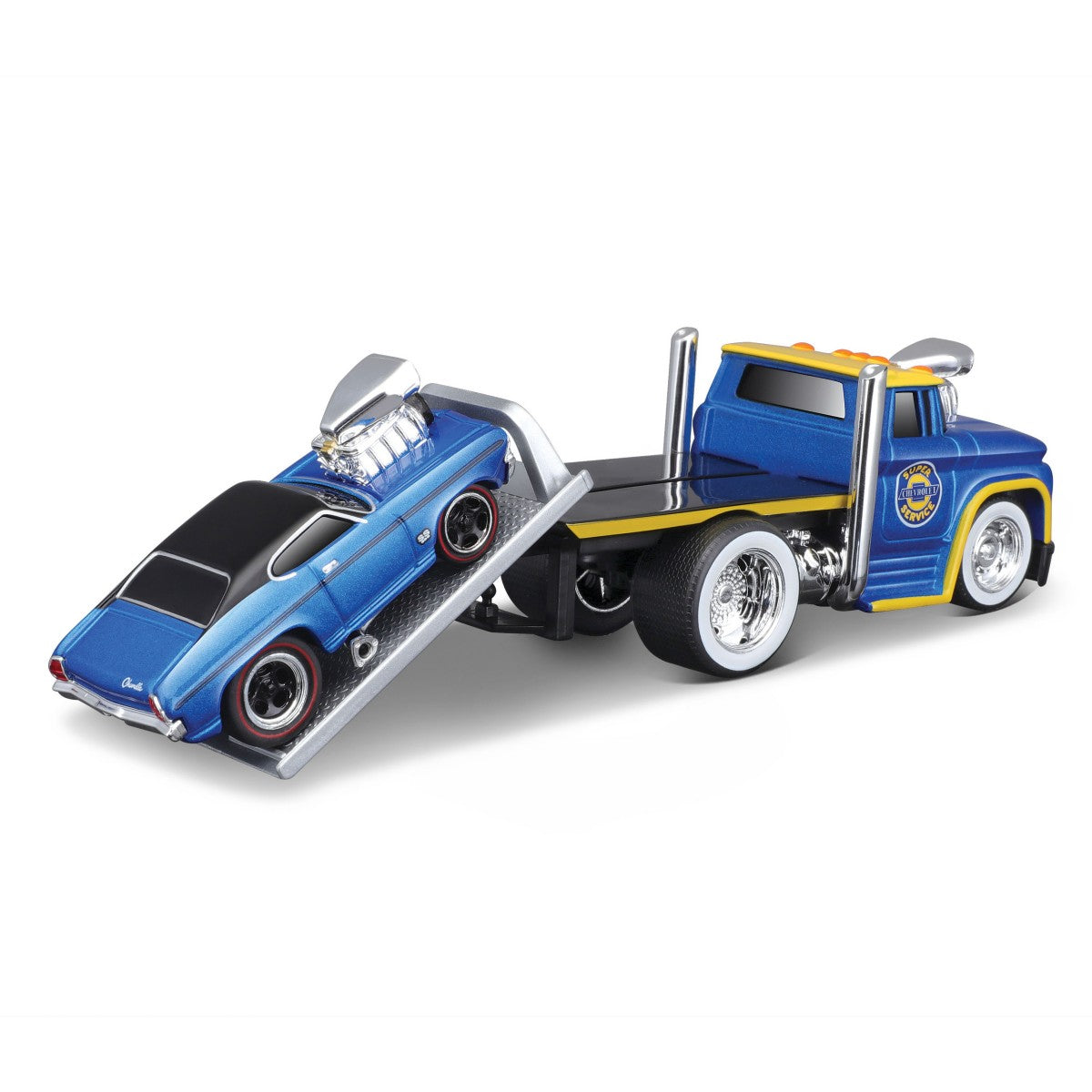 Blue Chevrolet Chevelle SS being loaded onto a Maisto Muscle Machines Transports 1:64 diecast flatbed truck. Realistic ramp design.