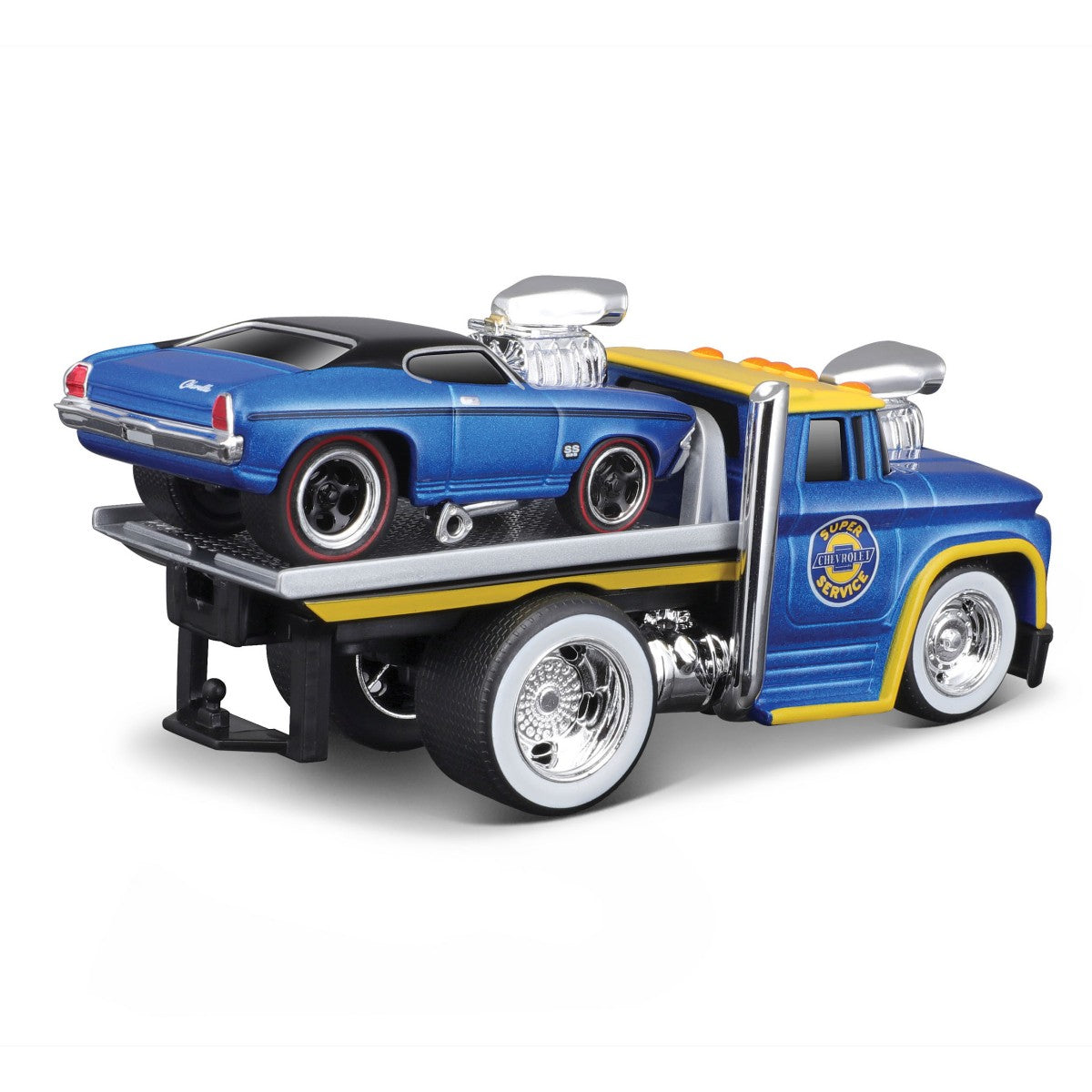 Blue Chevrolet Chevelle SS securely placed on a Maisto Muscle Machines Transports 1:64 diecast flatbed truck. Supercharged engine details.