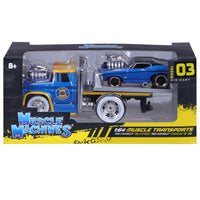 Packaged Maisto Muscle Machines Transports 1:64 diecast truck set featuring a blue Chevrolet Chevelle SS and flatbed truck. Collector’s edition.