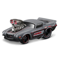 Grey Chevrolet Camaro diecast model from Maisto Muscle Machines Transports 1:64 series. Oversized engine and racing decals.