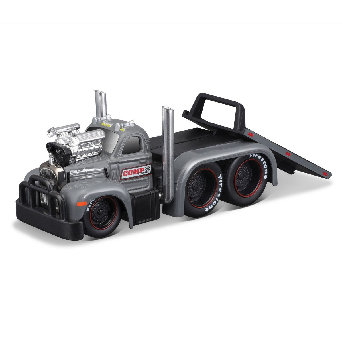 Maisto Muscle Machines Transports 1:64 diecast flatbed truck in grey with racing decals. Chrome engine and detailed design.