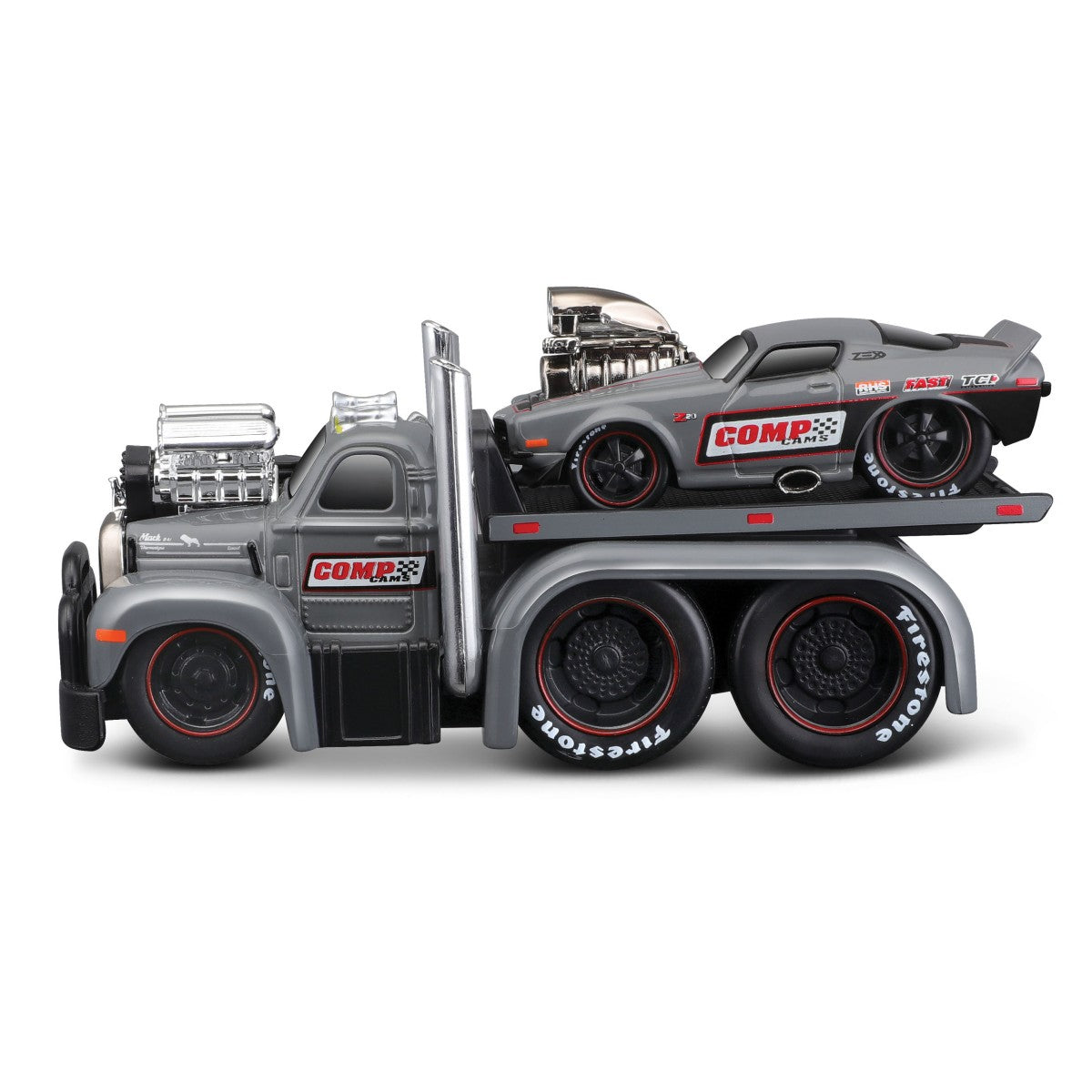 Grey Chevrolet Camaro securely placed on a Maisto Muscle Machines Transports 1:64 diecast flatbed truck. Racing-inspired details.