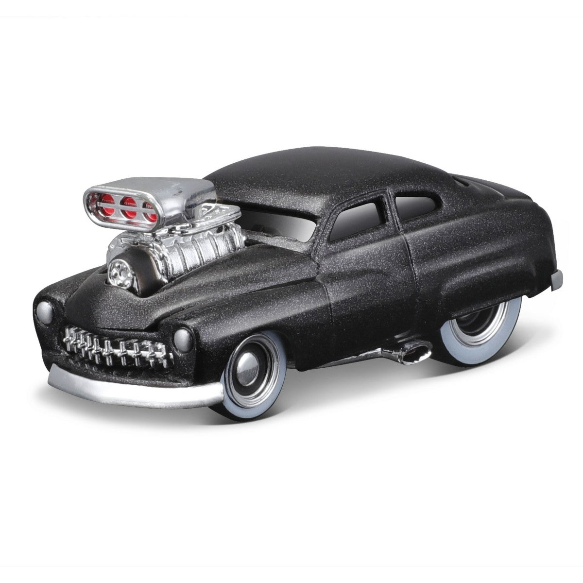 Black Mercury diecast model from Maisto Muscle Machines Transports 1:64 series. Oversized engine and classic hot rod styling.