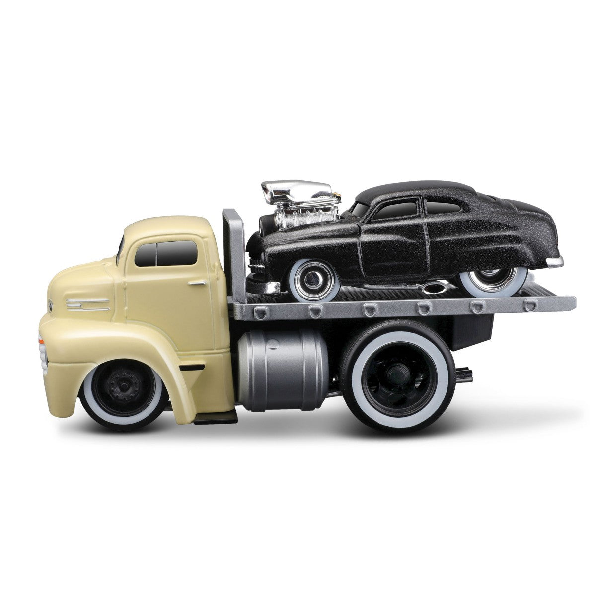 Black Mercury securely placed on a Maisto Muscle Machines Transports 1:64 diecast flatbed truck. Vintage hot rod details.