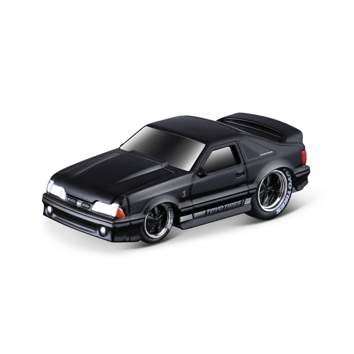 Black Ford Mustang diecast model from Maisto Muscle Machines Transports 1:64 series. Sleek design with Toyo Tires branding.