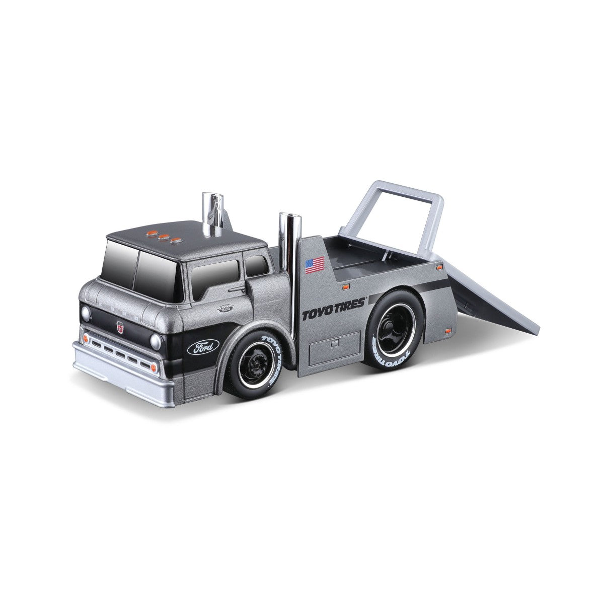 Maisto Muscle Machines Transports 1:64 diecast flatbed truck in metallic grey with Toyo Tires branding. Collectible model for enthusiasts.