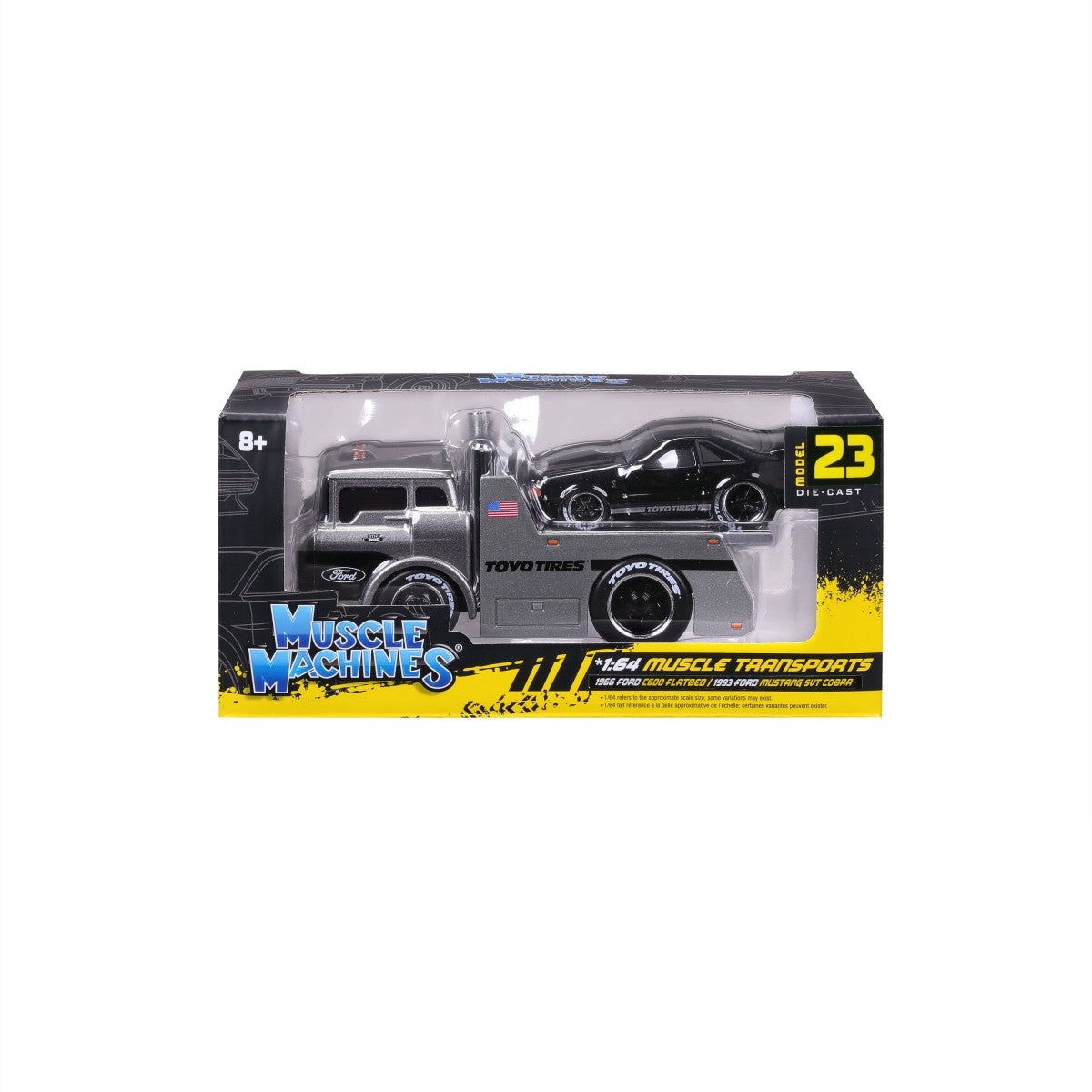 Packaged Maisto Muscle Machines Transports 1:64 diecast truck set featuring a black Ford Mustang and flatbed truck. Ideal for collectors.