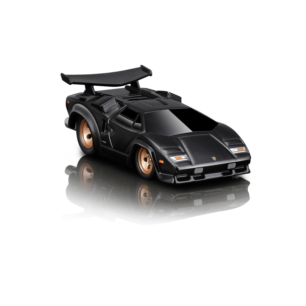 Maisto Muscle Machines 1:64 diecast Lamborghini Countach in matte black with widebody kit and gold wheels, perfect for collectors.