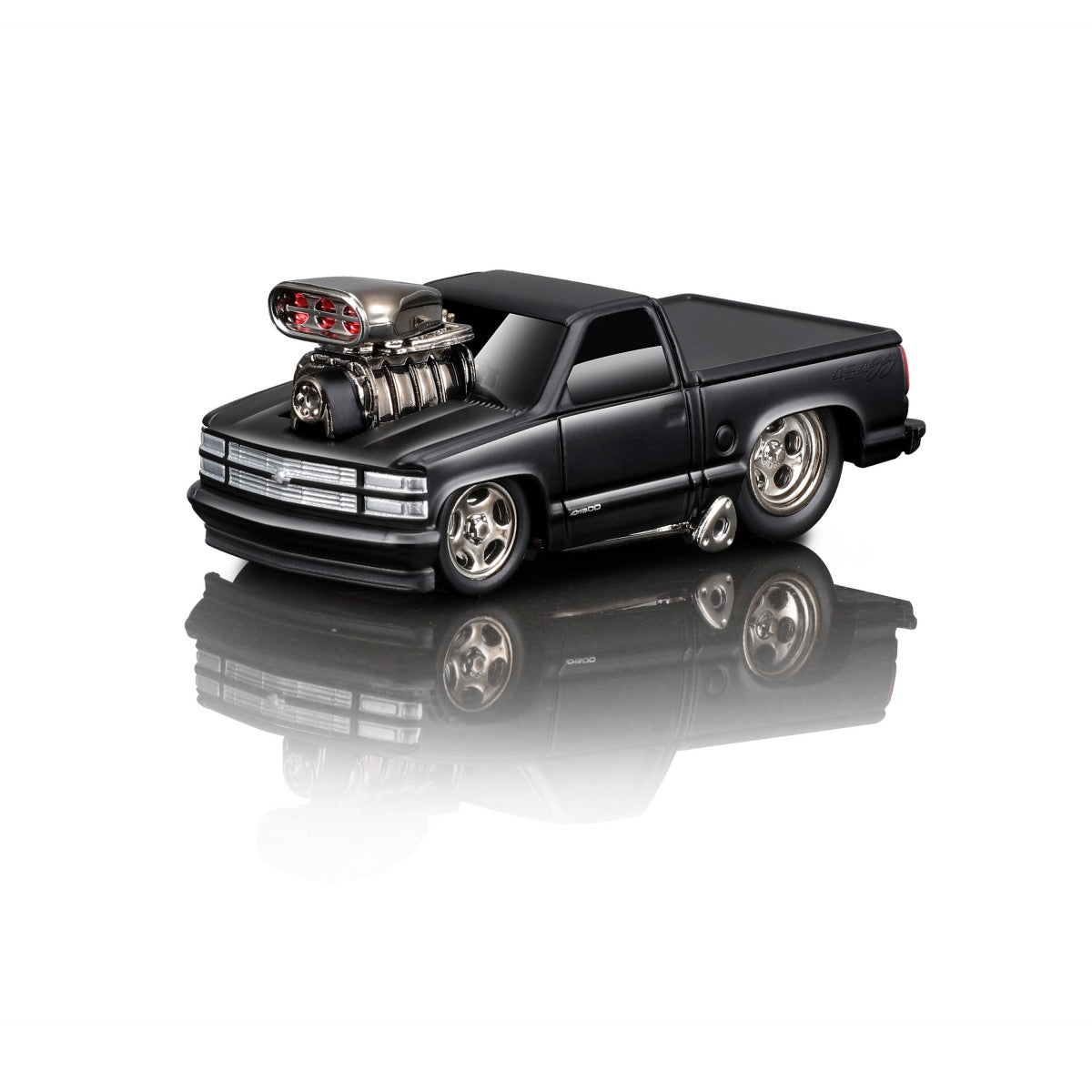 Maisto Muscle Machines 1:64 diecast 1993 Chevrolet 454 SS Pickup in matte black with oversized engine and custom wheels, perfect for collectors.