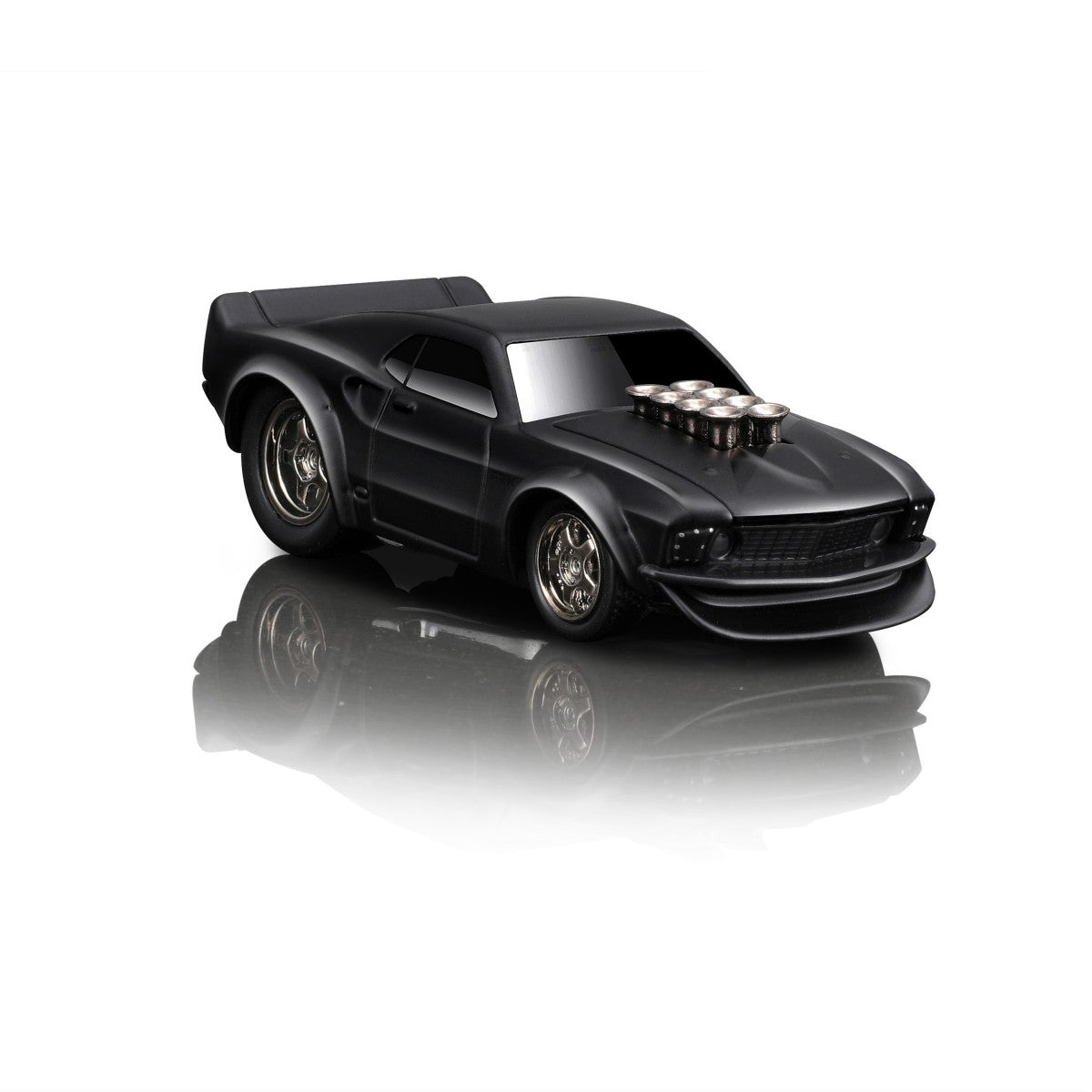 Maisto Muscle Machines 1:64 diecast Ford Mustang ATA-X in matte black with exaggerated muscle car styling and exposed engine details.