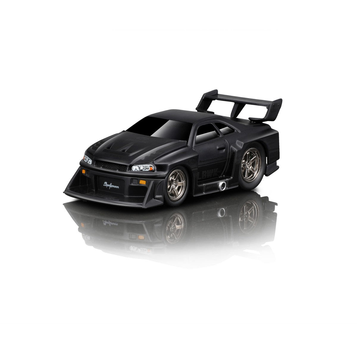 Maisto Muscle Machines 1:64 diecast Liberty Walk Nissan Skyline GT-R R34 in matte black with widebody kit and custom wheels, perfect for collectors.