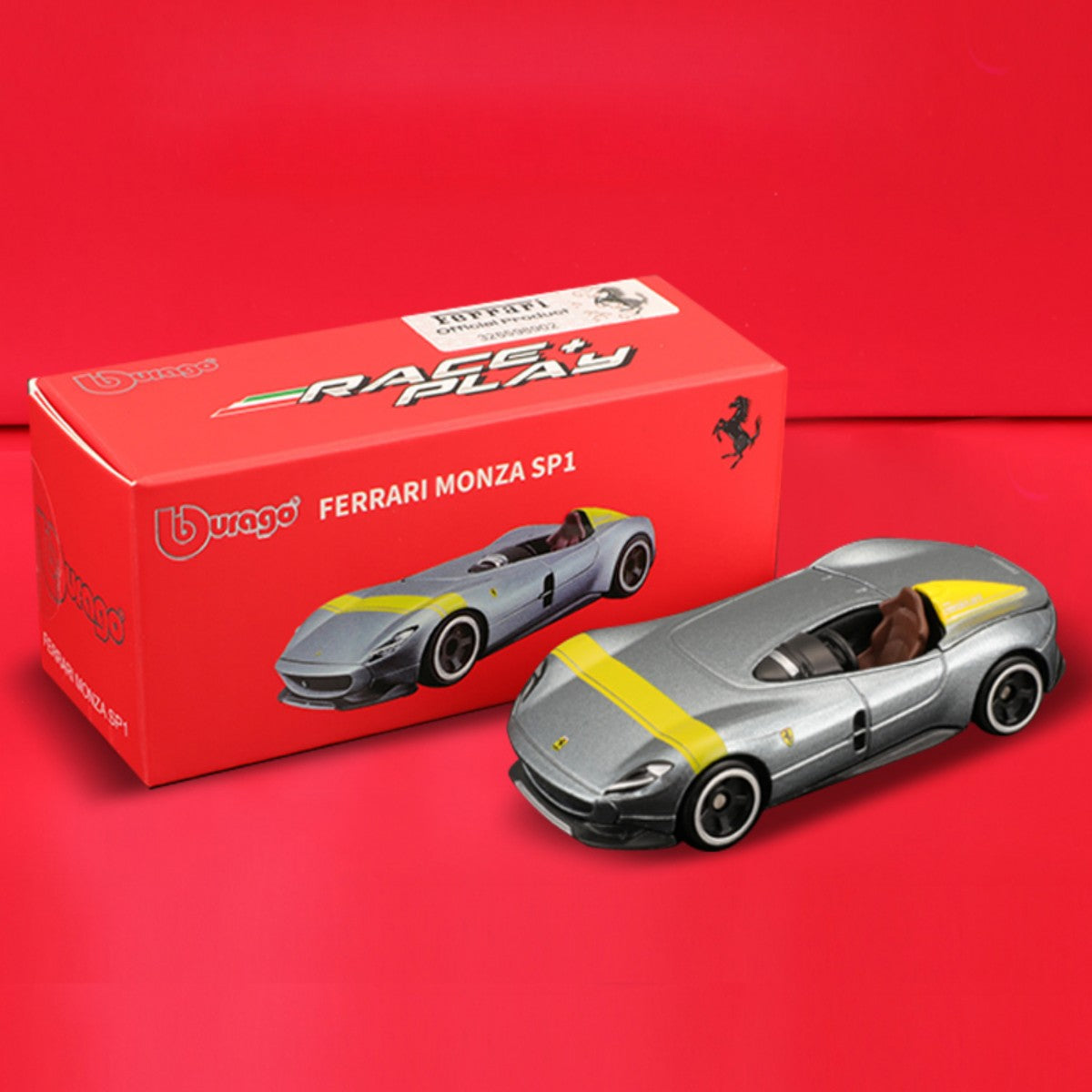 Bburago 1:64 Ferrari Monza SP1 alloy model car in silver with yellow stripe, displayed with red packaging. A must-have collectible for Ferrari fans.