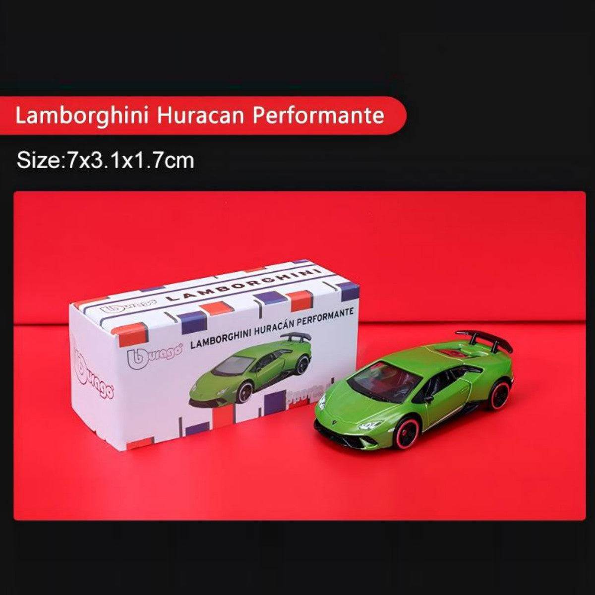 Bburago 1:64 Lamborghini Huracan Performante alloy model car in green with realistic packaging. A must-have for supercar collectors.