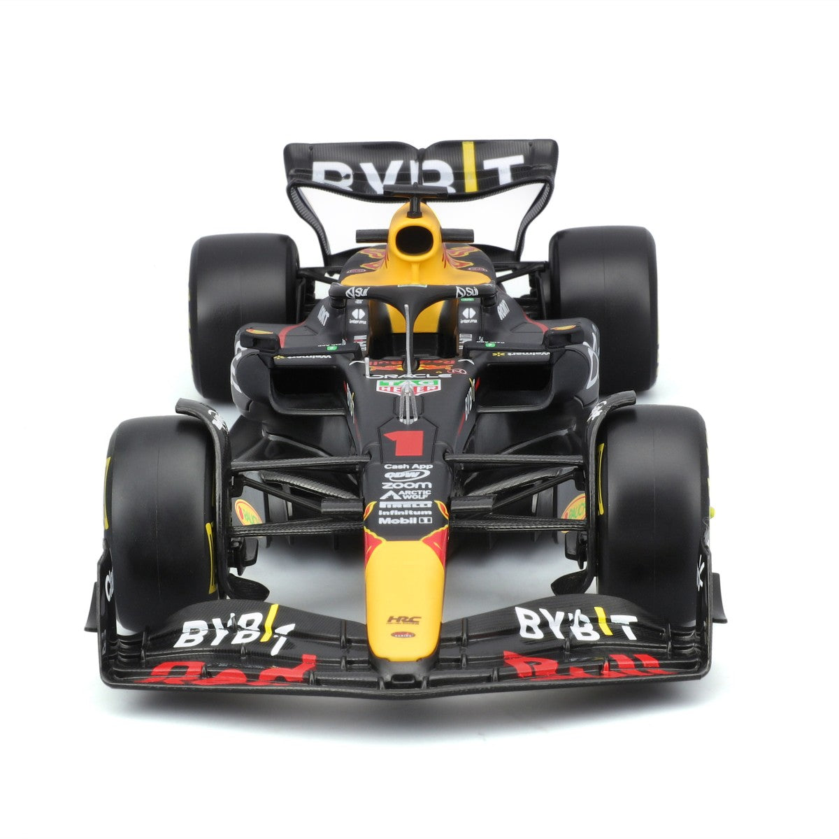 Front view of Bburago 1:24 F1 Car Model Red Bull Racing RB19 #1 Max Verstappen, showcasing aerodynamic design and sponsor logos.